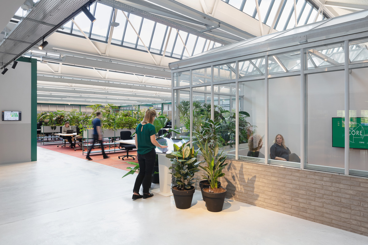 Thanks to the saw-tooth roofs, the building is full of daylight. It was developed to comply with the Well Building Standard, which, in addition to ecological aspects, also fosters the health and well-being of people in the building.